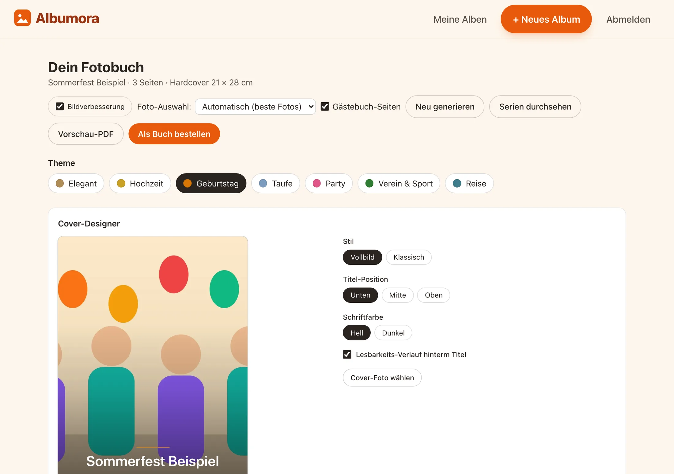 Fotobuch-Editor mit Theme-Auswahl und Cover-Designer