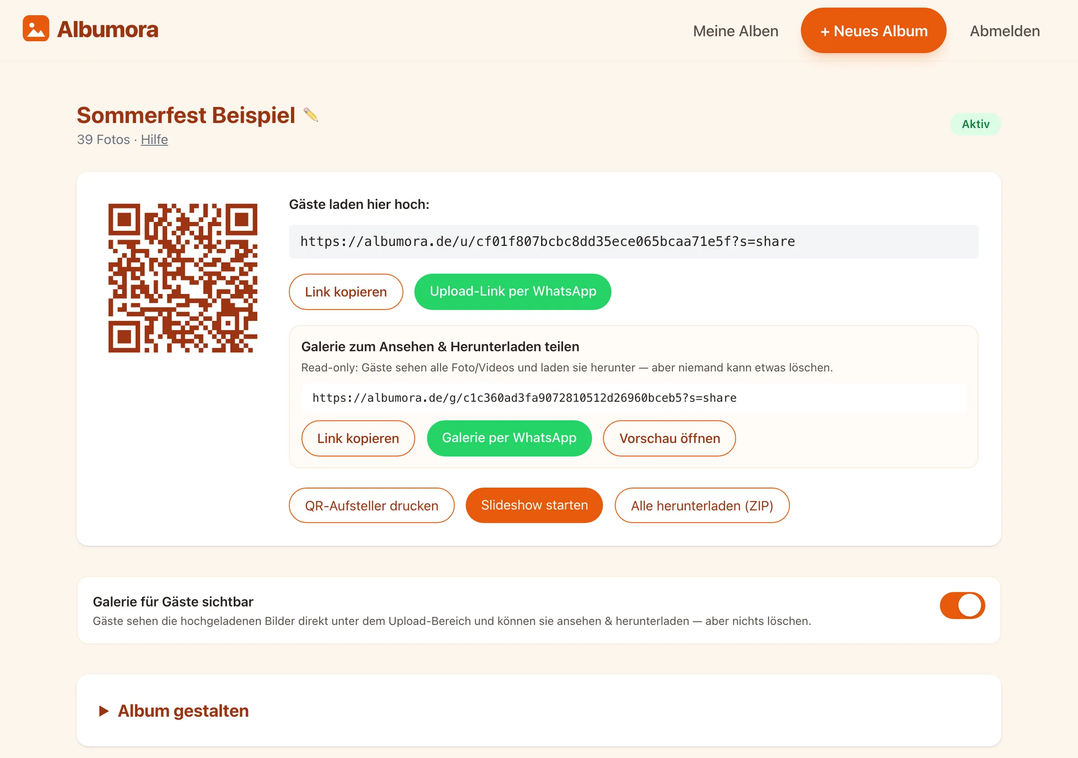 Album-Bereich mit QR-Code, Upload-Link, Galerie-Link und Druck-Knöpfen