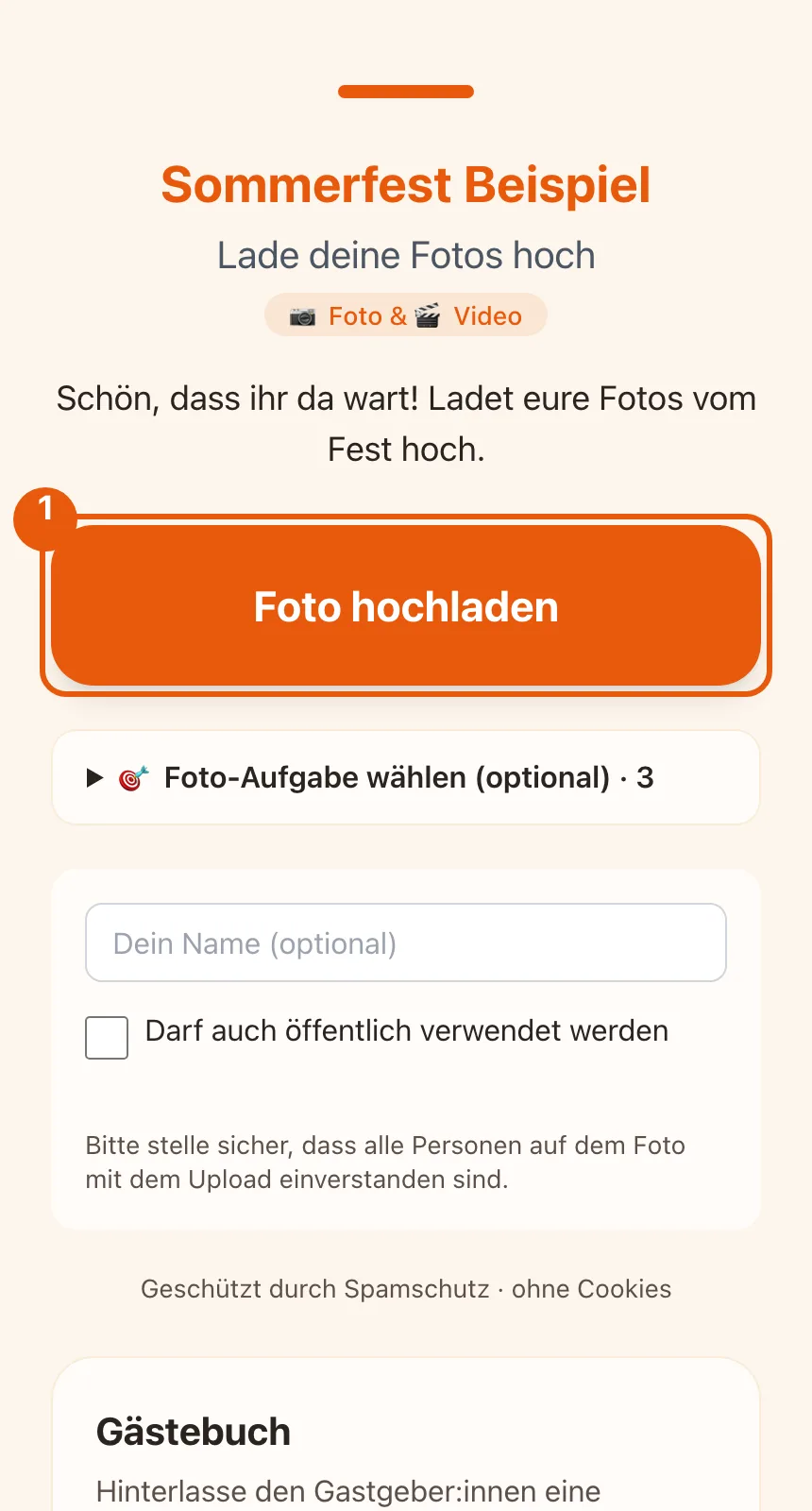 Upload-Seite eines Albums mit dem markierten Knopf „Foto hochladen“